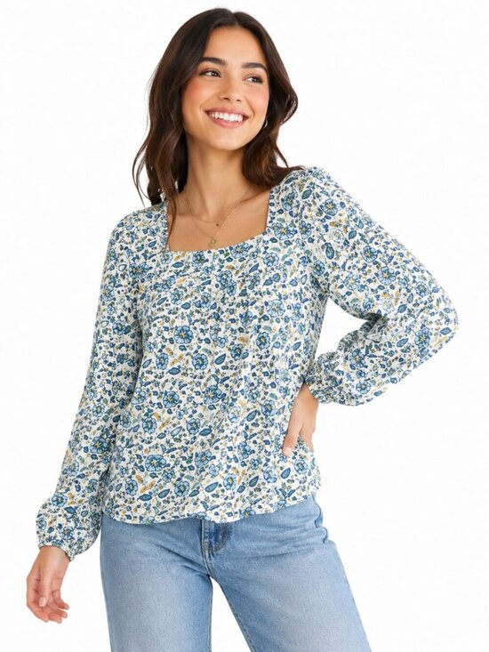 Lucky Brand Tops - Lucky Brand Women's Top Cream Square Neck Top Boho Floral Long Sleeves NWT